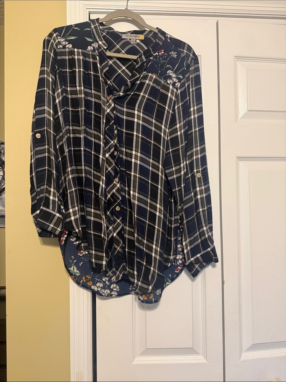 Plaid Navy Button-Down Shirt with Floral Yoke